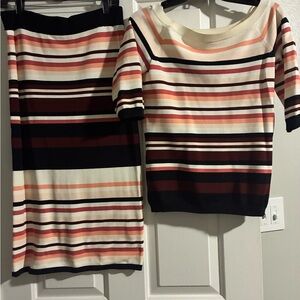 Jones New York Striped Knit Top & Skirt in Cream, Black & Burgundy
